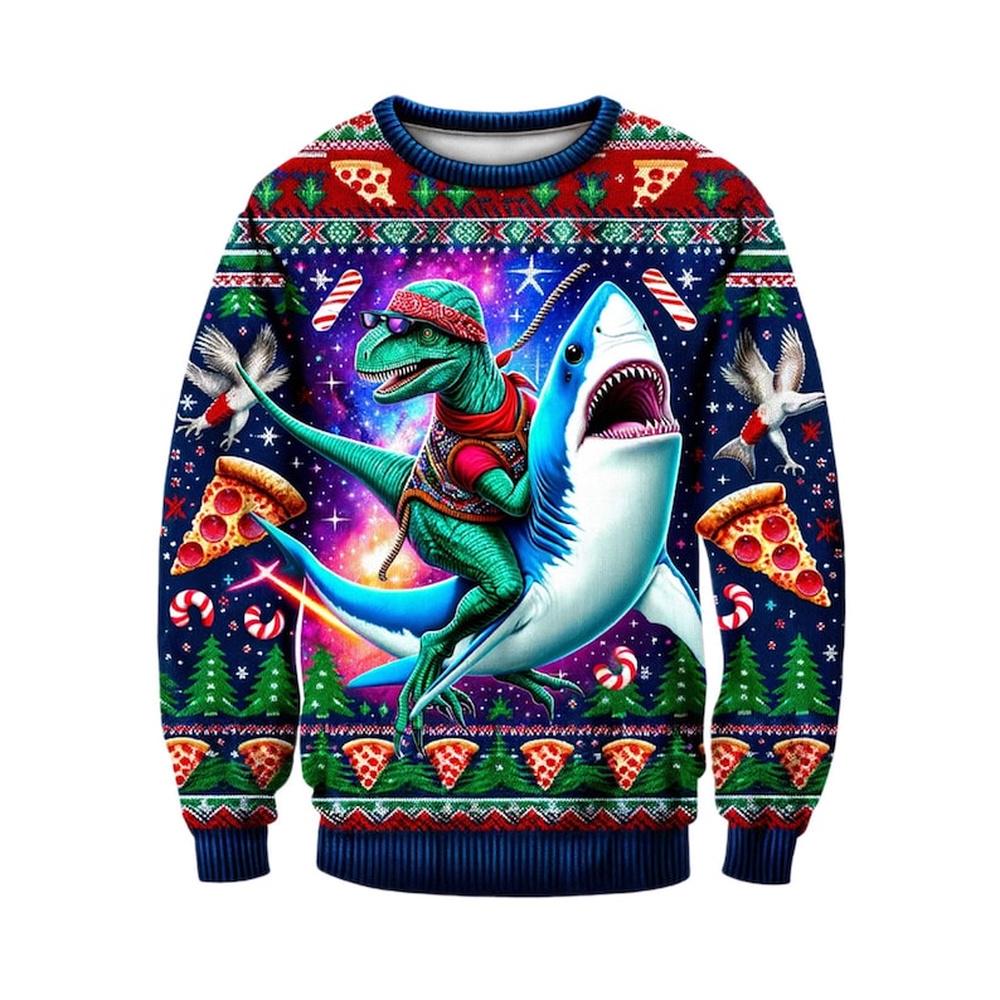 Dinosaur Riding Shark Merry Christmas Ugly Sweater Dinosaur Riding Shark Merry Christmas Ugly Sweater