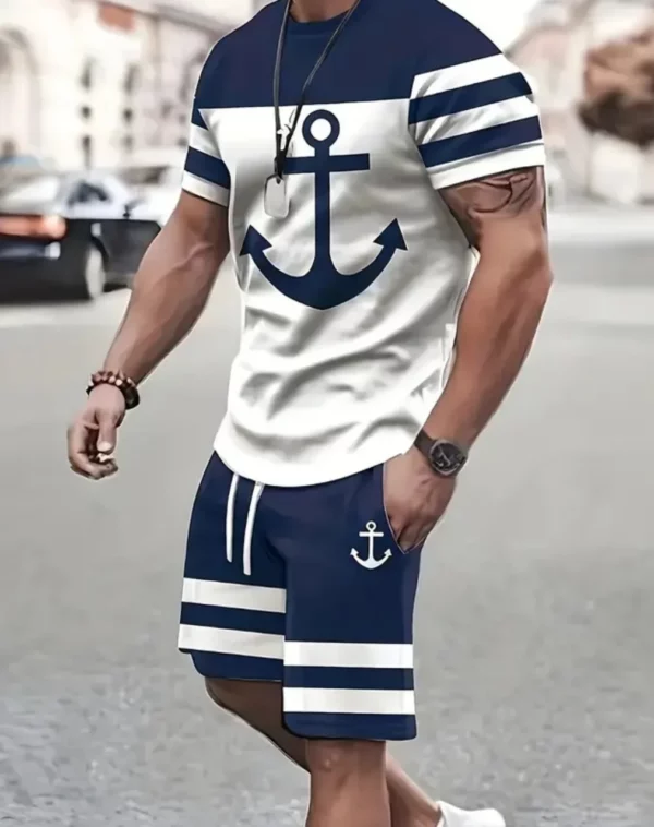 Navy anchor pattern men’s set 3D printed summer outdoor short sleeved T-shirt+pants two-piece casual sports plus size men’s set