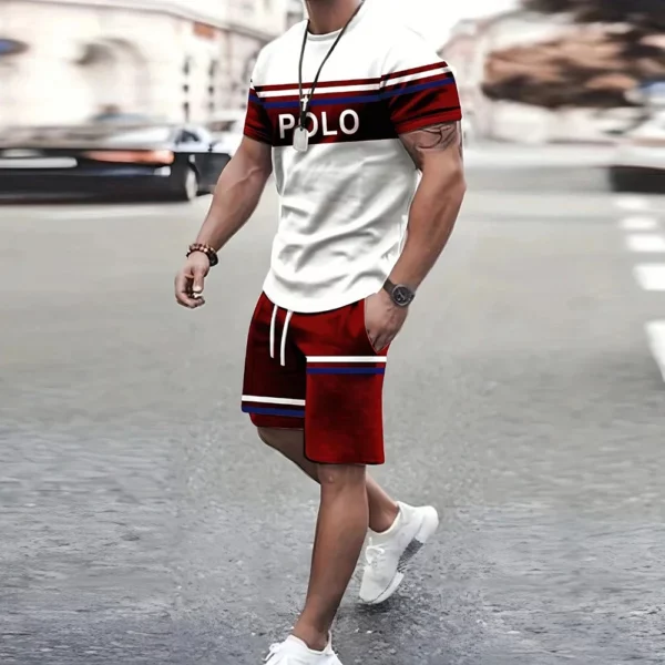 Navy anchor pattern men’s set 3D printed summer outdoor short sleeved T-shirt+pants two-piece casual sports plus size men’s set
