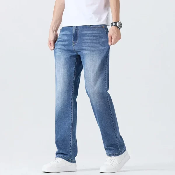 Summer Thin Men’s Brand Jeans Breathable Solid Color Washing Blue Straight Business Denim Pants Casual Loose Male Trousers