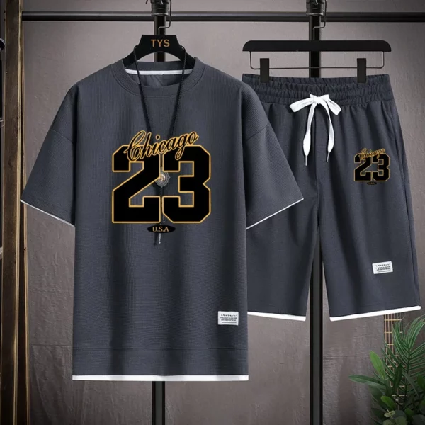 High Quality Men’s Korea Comfortable and Summer Fashion Print Sports Suit Fitness Jogging Daily Casual Wear Beach Shorts Set