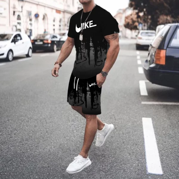 Summer T shirt Set For Men StripedPrint Men’s T-shirt Short Sleeve+Shorts 2-Piece Set Oversized Casual Beach Sport Man Suit