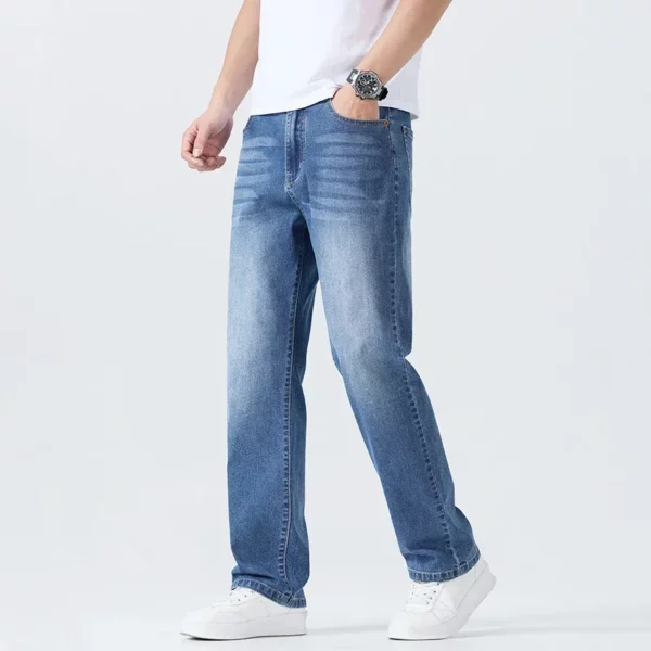 Summer Thin Men’s Brand Jeans Breathable Solid Color Washing Blue Straight Business Denim Pants Casual Loose Male Trousers