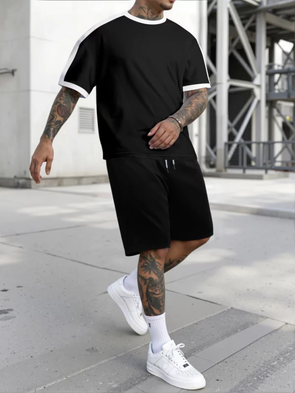 New Style Color Matching Sports Suit Summer Men’s Short-Sleeved Shorts Loose T-Shirt Length Pants Casual Running Set Two-Piece