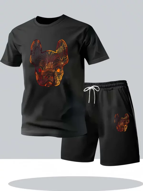 Men’s Summer Fashionable Casual Sportswear Set T-Shirt And Shorts Loose Fit Dog Head Print round Neck Short Sleeve Outfit