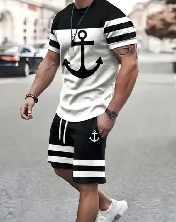 Navy anchor pattern men’s set 3D printed summer outdoor short sleeved T-shirt+pants two-piece casual sports plus size men’s set