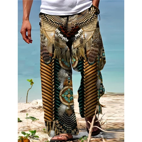 Men’S Vintage Tribal Pattern Print Beach Pants Waist Pants With Side Pockets Comfortable Fashion Hawaiian Style Summer Trousers