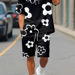 Men’s Flower 3D Print Crew Neck Short Sleeve T-Shirt & Shorts Set Round Neck Gradient Short Sleeved Women’s T-shirt Shorts Set