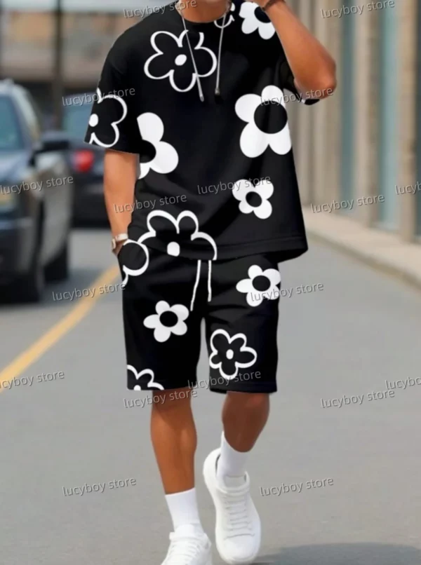 Men’s Flower 3D Print Crew Neck Short Sleeve T-Shirt & Shorts Set Round Neck Gradient Short Sleeved Women’s T-shirt Shorts Set