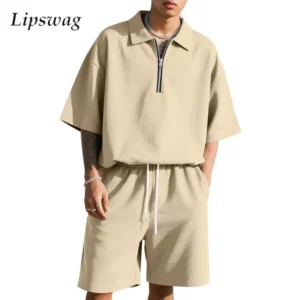 Hip Hop Baggy 2 Pieces Sets Mens Summer Casual Solid Color Zipper Polo Top And Shorts Suits Men Fashionable Short Sleeve Outfits