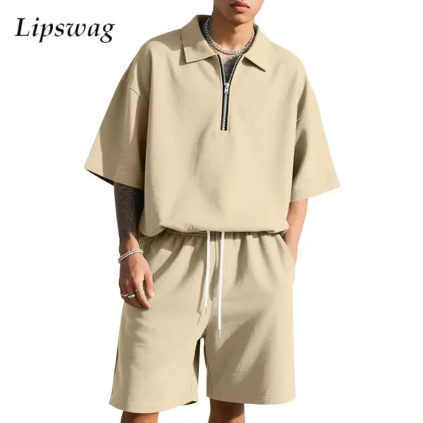 Hip Hop Baggy 2 Pieces Sets Mens Summer Casual Solid Color Zipper Polo Top And Shorts Suits Men Fashionable Short Sleeve Outfits