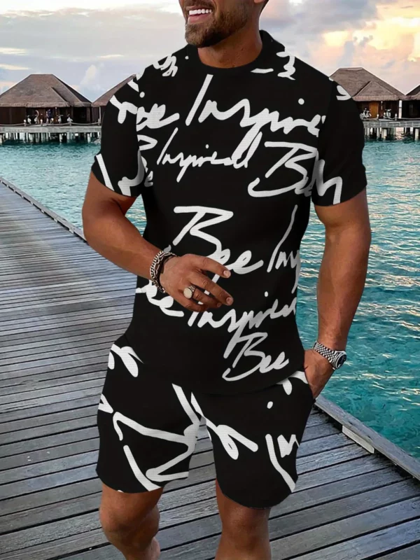 The 2025 summer new two-piece casual men’s short-sleeved and short-shorts set made of polyester fiber is breathable and lightwei